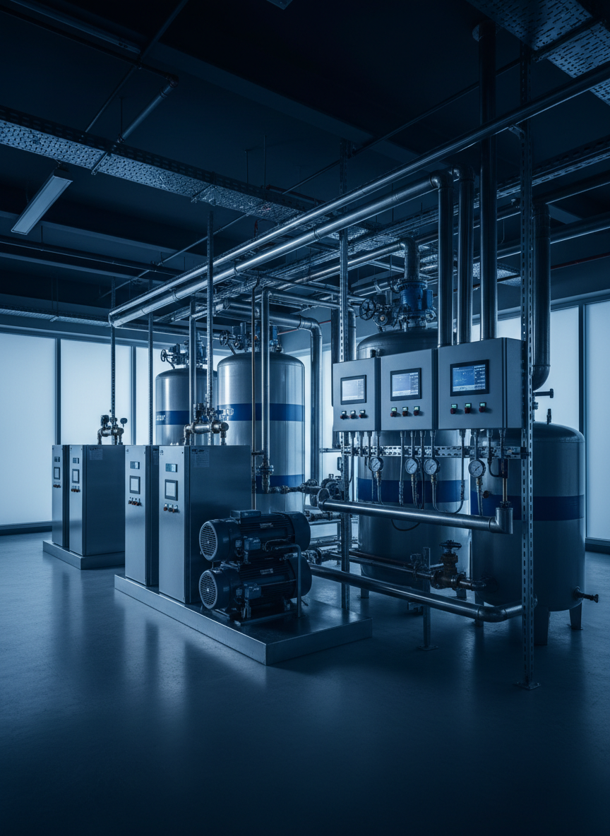 Sala de equipos HVAC industrial con bombas de calor, depósitos y cuadros de control