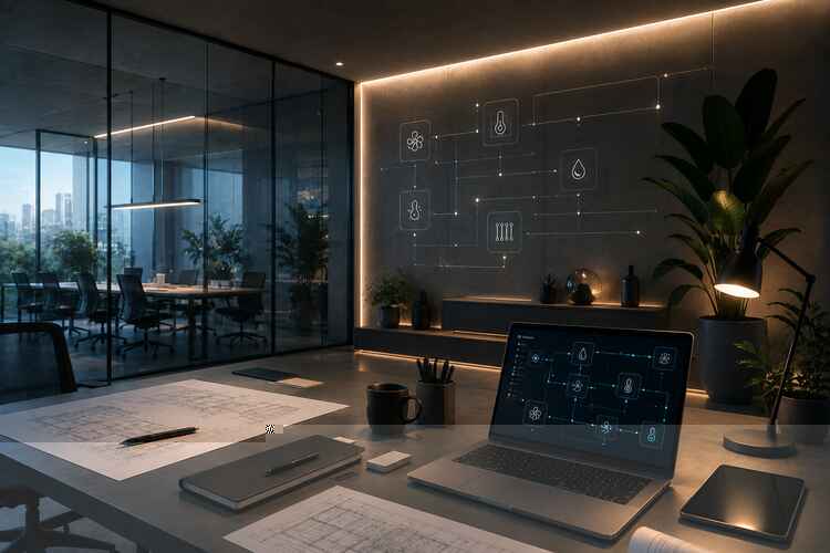 Esquema de una oficina moderna con diseño de automatización de climatización inteligente