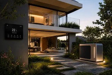 Vivienda unifamiliar con domótica, panel de control de climatización y bomba de calor exterior